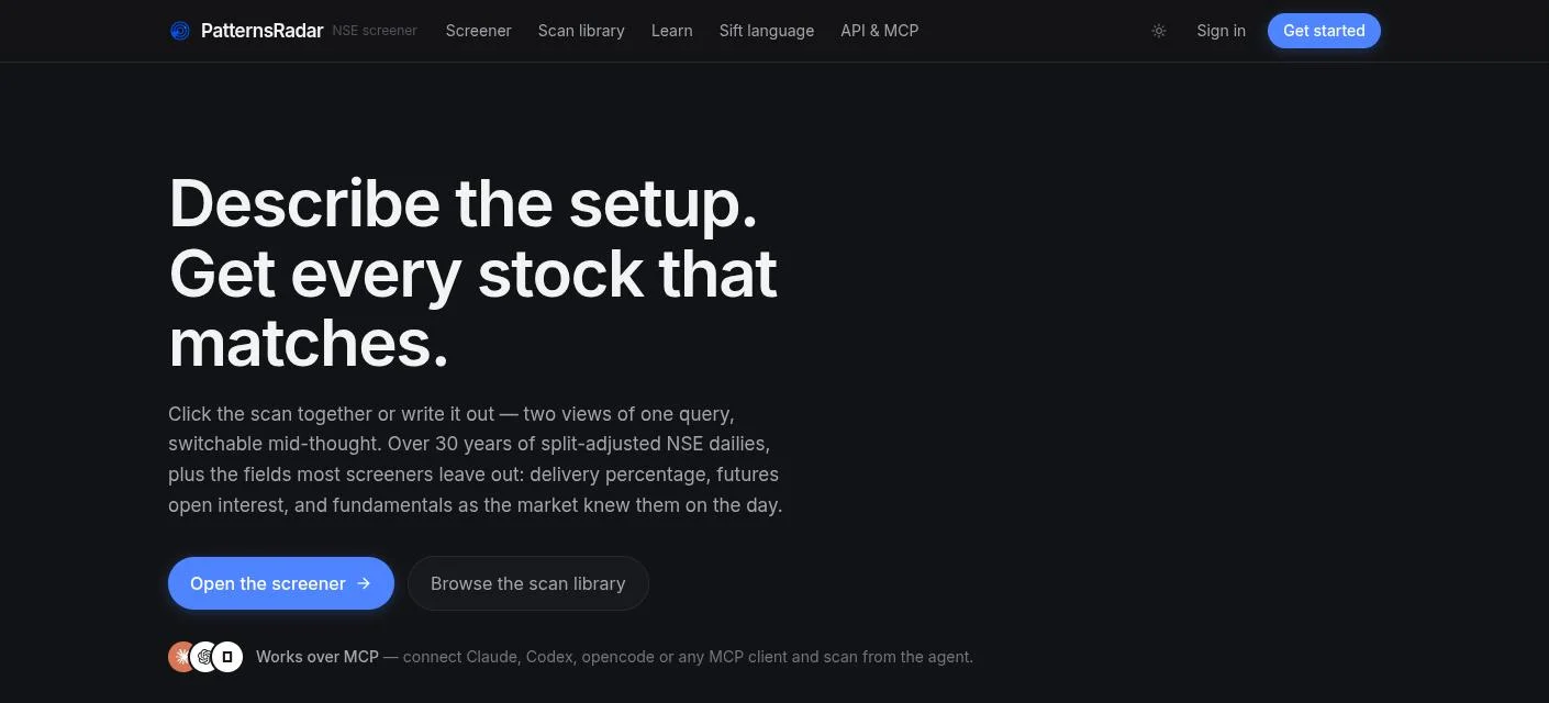 The PatternsRadar homepage: 'Describe the setup. Get every stock that matches.' with the screener stats below.